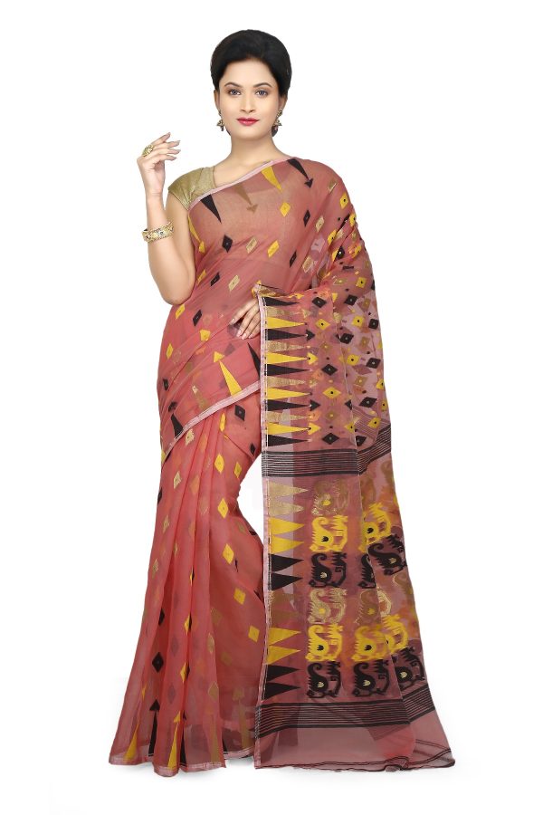 Temple Border Jamdani Cotton Silk Saree In Pink